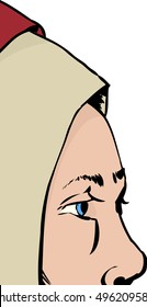 Close up side view of 18th century commoner in hood
