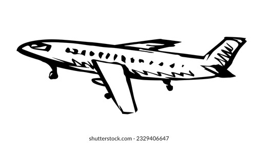 Close up side view big old retro flying boeing ship vehicle model light paper text space. Outline black ink pen hand drawn craft traffic terminal pilot web logotype logo design modern art doodle style