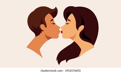 Nahaufnahme des Porträts einer schönen Frau mit langen Haaren, die mit ihrem Freund küssen. Schönes Paar, menschliche Silhouetten, seitliche Sicht. Moderne moderne Vektorgrafik.