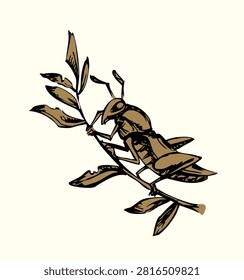 Close up side view simple big grig pet shape biter specie swarm leg wing fly green tree branch harm lawn crop food white sky text space. Dark black ink pen hand drawn old retro little botany plague zoo bible story logo emblem pencil engrave art style