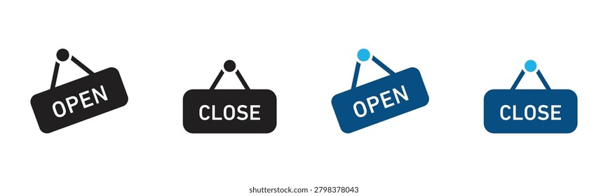 ​Open and close sign icon set vector. Storefront hanging board tags for business, shop, boutique, restaurant and cafe. Store status web interface labels in black and blue layout configurations.