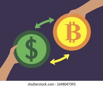 A close up of a sign. Image in which two hands are holding bitcoin and dollar coins. They want to exchange them. Exchange bitcoins to dollar and vice versa. Vector illustration.