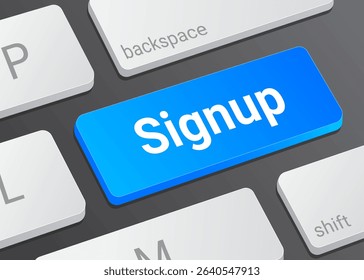 Close Up Signup Button on Laptop or Computer Keyboard for User Registration, Account Creation, Online Access, and Technology 3D Illustration