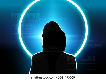 Close up Silhouette of an anonymous person with dark technology theme and moon light in the background