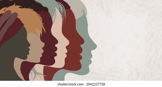 Close up silhouette faces of multicultural multiethnic female profile women.Concept of racial equality anti-racism justice opportunities and allyship. Self-confidence. Banner copy space