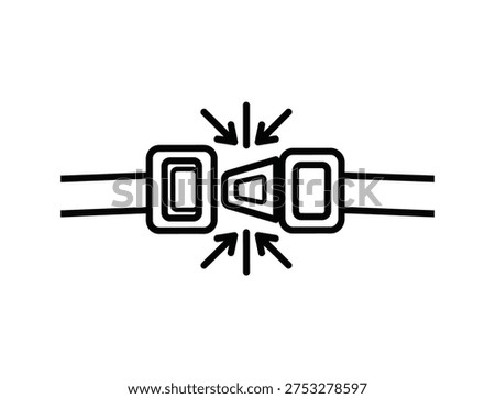 Close up simple line drawing of a car seat belt buckle fastening with arrows indicating pressure
