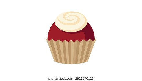close up of a single red cupcake with beige paper wrapper and creamy white swirl frosting on top isolated against white background for dessert use