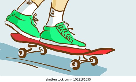 Close Up Of Skateboard Rider's Feet On A Skate, Bottom View. Colorful Cartoon Vector Sketch.