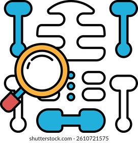 A close up of a skeleton with a magnifying glass over it. The skeleton is surrounded by bones and the magnifying glass is pointing to the bones. Concept of curiosity and exploration