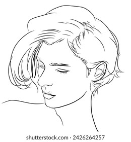 close up sketch of a young woman's face with a short haircut on a white background