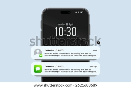 Close up of smartphone with pop-up push notification template from messaging app, vector illustration.