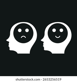 Close de um rosto sorridente e ícone de rosto triste embaçado no cubo de madeira, isolado sobre fundo branco , classificação de serviço, conceito de satisfação.