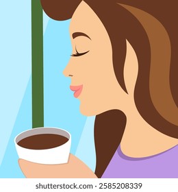 Close up of smiling woman enjoying warm cup of coffee or tea in cozy cafe. Dreamy peaceful atmosphere filled with elegance, relaxation and morning serenity. Square drawing banner