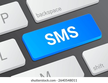 Close Up SMS Button on Laptop or Computer Keyboard for Text Messaging, Mobile Communication, Notification Alert, and Technology 3D Illustration