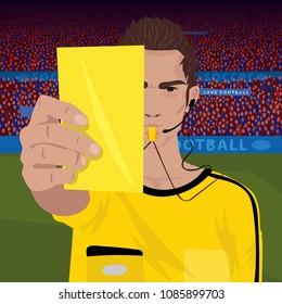 Close up of soccer referee whistling and holding yellow card. Football field and spectators area on background. Caution player concept. Realistic cartoon style. Vector illustration