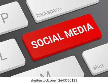 Close Up Social Media Button on Laptop or Computer Keyboard for Online Networking, Communication, and 3D Digital Illustration