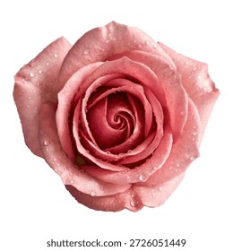 Cierre de una rosa rosa rosa suave en plena floración, cubierta de delicadas gotitas de agua. Elegante Imagen floral aislada sobre fondo transparente, que simboliza el amor, la belleza, el romance, la frescura y la naturaleza.