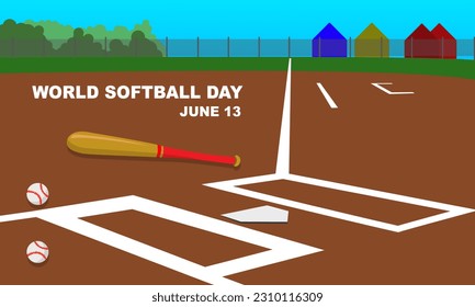 close up of softball or baseball field with bat and 2 softball balls commemorating WORLD SOFTBALL DAY On June 13
