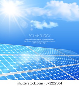 Close Up Of Solar Battery, Power Generation Technology. Realistic Vector Illustration. Alternative Energy And Environmental Business Concept. Blue Sky With Sun Light, Abstract Background. 
