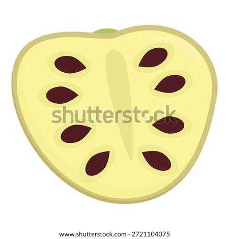 Close up of a soursop fruit cut in half, revealing its juicy flesh, dark seeds, and textured rind