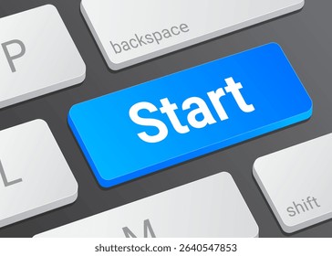 Close Up Start Button on Laptop or Computer Keyboard for System Activation, Process Initiation, User Interface, and Technology 3D Illustration