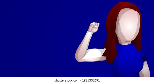 close up strong woman raises arms and shows muscles, demonstrates gym, or women's day. Vector illustration.
