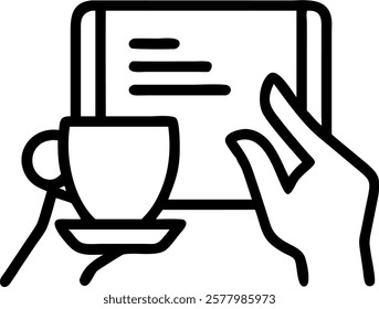 Close Up of Student Reading Notes on a Tablet in a Cafe concept as A close up of a student reading notes on a tablet while sipping coffee in a modern Cafe. The image captures the i