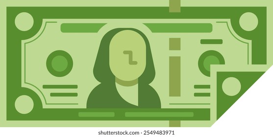 Imagem de uma nota verde estilizada, dobrada num canto, exibindo um retrato simplificado, simbolizando transações monetárias e conceitos econômicos
