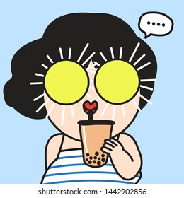 Close Up Summer Girl With Sun Shaped Sun Glasses Think Nothing Of Doing Something. Woman Just Relaxing And Drinking Favorite Cup Of Bubble Milk Tea Concept Card Character illustration