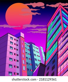 close up synthwave city scape retro futurisctic skyscraper wallpaper vector vaporwave