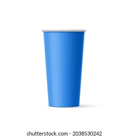 Close up of Takeaway Big Blue Blank Paper Cup Mock Up Isolated On White Backdrop. For Various Drinks, Coffee, Tea, Fresh Juice, or Ice Cream. Disposable Tableware is Used for Hot Drink in Food Store