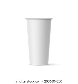 Close up of Takeaway Big White Blank Paper Cup Mock Up Isolated On White Backdrop. For Various Drinks, Coffee, Tea, or Ice Cream. Disposable Tableware is Used for Hot Drink in Food Store