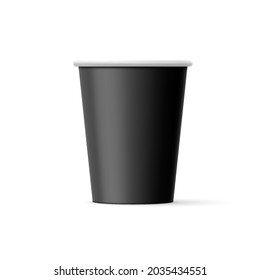 Close up of Takeaway Black Blank Paper Cup Mock Up Isolated on White Backdrop. For Various Drinks, Coffee, Tea, Fresh Juice, or Ice Cream. Disposable Tableware is Used for Hot Drink in Food Store.