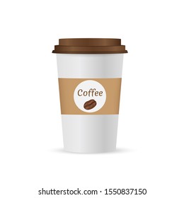 Close up take-out coffee with brown cap and cup holder. Isolated on white background. Vector Illustration