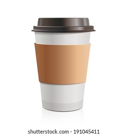 Close up take-out coffee with brown cap and cup holder. Isolated on white background. Vector Illustration.
