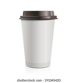 Close up take-out coffee with brown cap. Isolated on white background. Vector Illustration.
