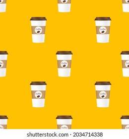 Close up take-out coffee with brown cap pattern. Isolated on yellow background. Vector Illustration.