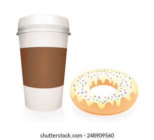 Close up take-out coffee with cap and brown cup holder. Take out coffe in unlabeled disposable thermo paper cup with donut, breakfast to go. Vector art image illustration, isolated on white background