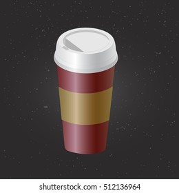 Close up take-out coffee with white cap and brown holder. Isolated on black retro background. Vector Illustration.