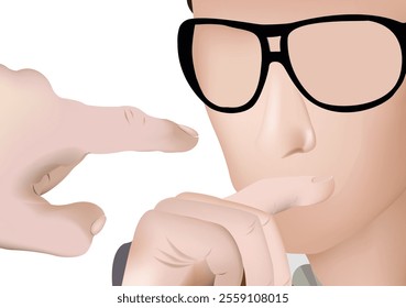 Close up of a thoughtful businessman wearing glasses, with a finger pointing towards him