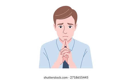 Primer plano de un hombre reflexivo con una camisa azul claro con las manos juntas frente a su boca mostrando incertidumbre