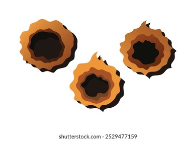 Close up of three burnt holes on wrinkled brown paper, showing scorched edges set flat vector illustration white background
