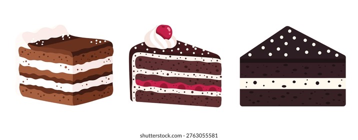 Close up of three cake slices showing chocolate red velvet and creamy layers