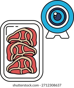 Un primer plano de tres piezas de carne en un recipiente con una cámara en el fondo. La cámara es una webcam
