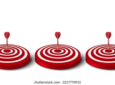 Close up of three red dart hit to center of red dartboard. Arrow on bullseye in target. Business success, investment goal, opportunity challenge, aim strategy, achievement project concept. 3d vector