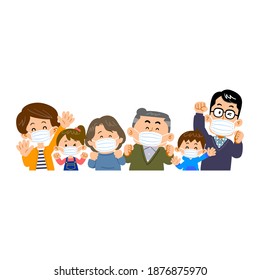 Eine Familie der nächsten drei Generationen, die sich auf Senioren konzentriert und Masken trägt