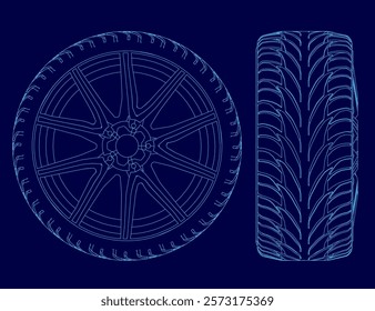 Close up of a tire with a blue background. The tire is shown from the side and the wheel is shown in detail