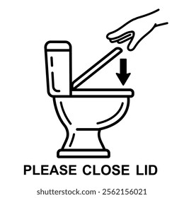 Close toilet lid before flushing water in public WC restroom line icon. Put lavatory bowl cover down after use. Washroom bathroom sanitation. Closet pan hygiene sanitary wash, dirt cleaning. Vector