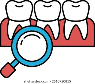 A close up of a tooth with a magnifying glass over it. The tooth is surrounded by a red background