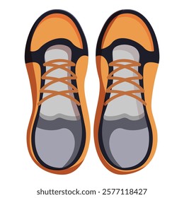 Close up top view of orange and grey sneakers with brown laces